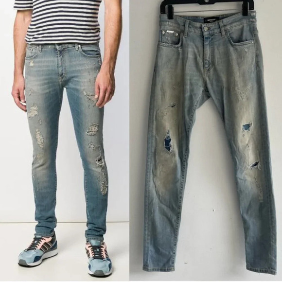 Represent England Worn Distressed Skinny Jeans pale blue 22423 - Picture 2 of 14